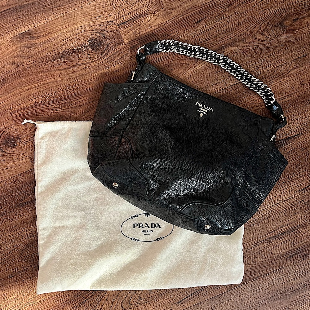 Prada black shimmery leather chain bag